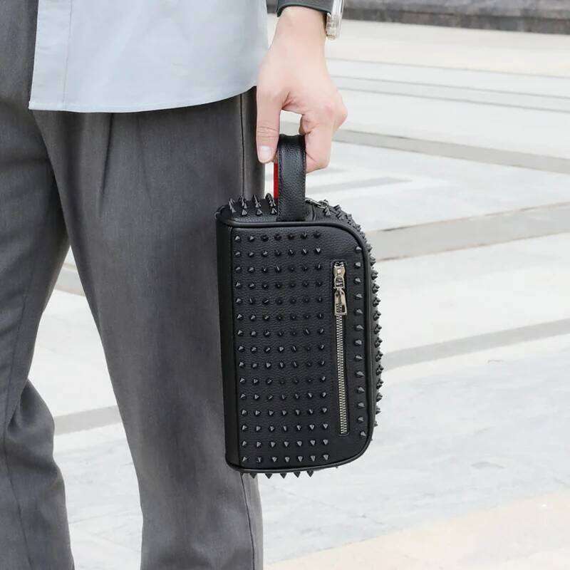 Fashion Rivet Design Bag High Quality PU Leather Clutch Bags Money Purse For Cyberpunk Style Waist Strap Men Wallets Sac High Quality Luxury Bag