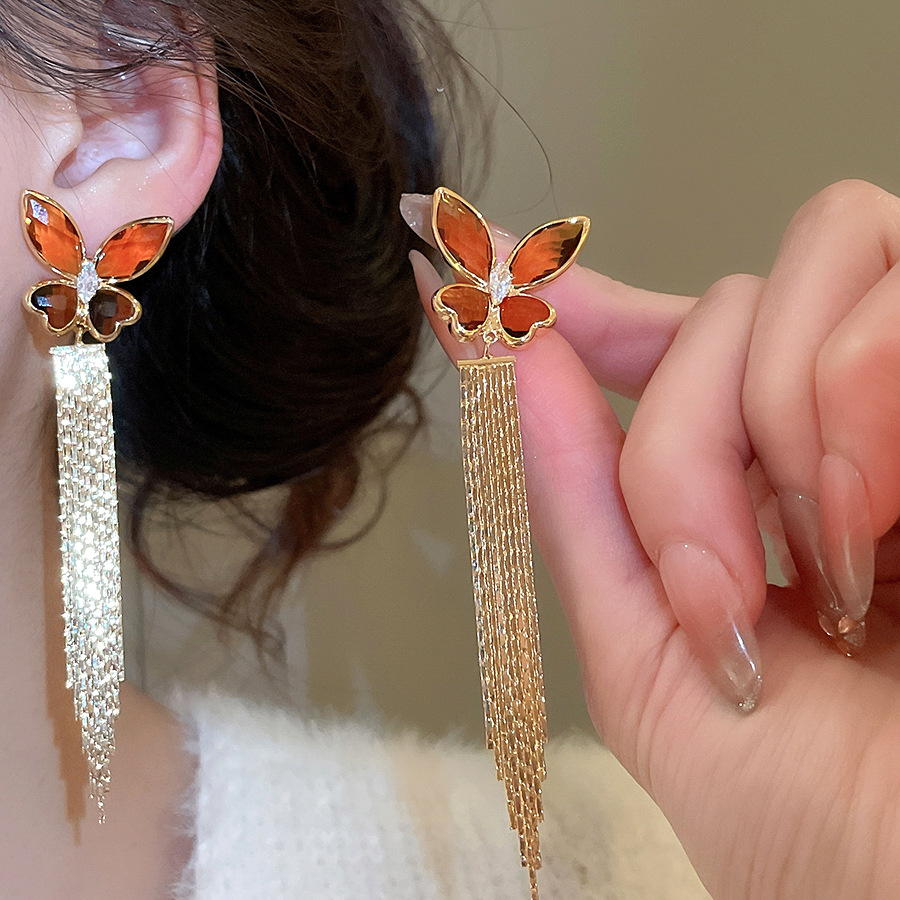 Real Gold Plated Silver Needle Zircon Butterfly Crystal Tassel French Retro Elegant Earrings Light Luxury Niche Ear Jewelry - view 4