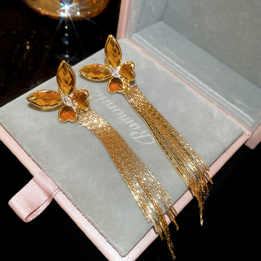 Real Gold Plated Silver Needle Zircon Butterfly Crystal Tassel French Retro Elegant Earrings Light Luxury Niche Ear Jewelry - view 3