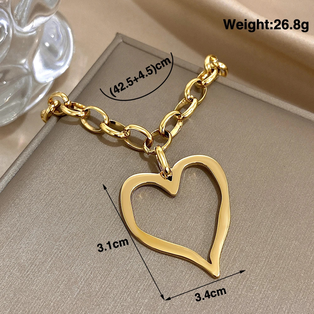 Womens Trendy Stainless Steel Big Heart Pendant Necklace Irregular Hollow Golden Metal Thick Chain Jewelry Accessory 260107