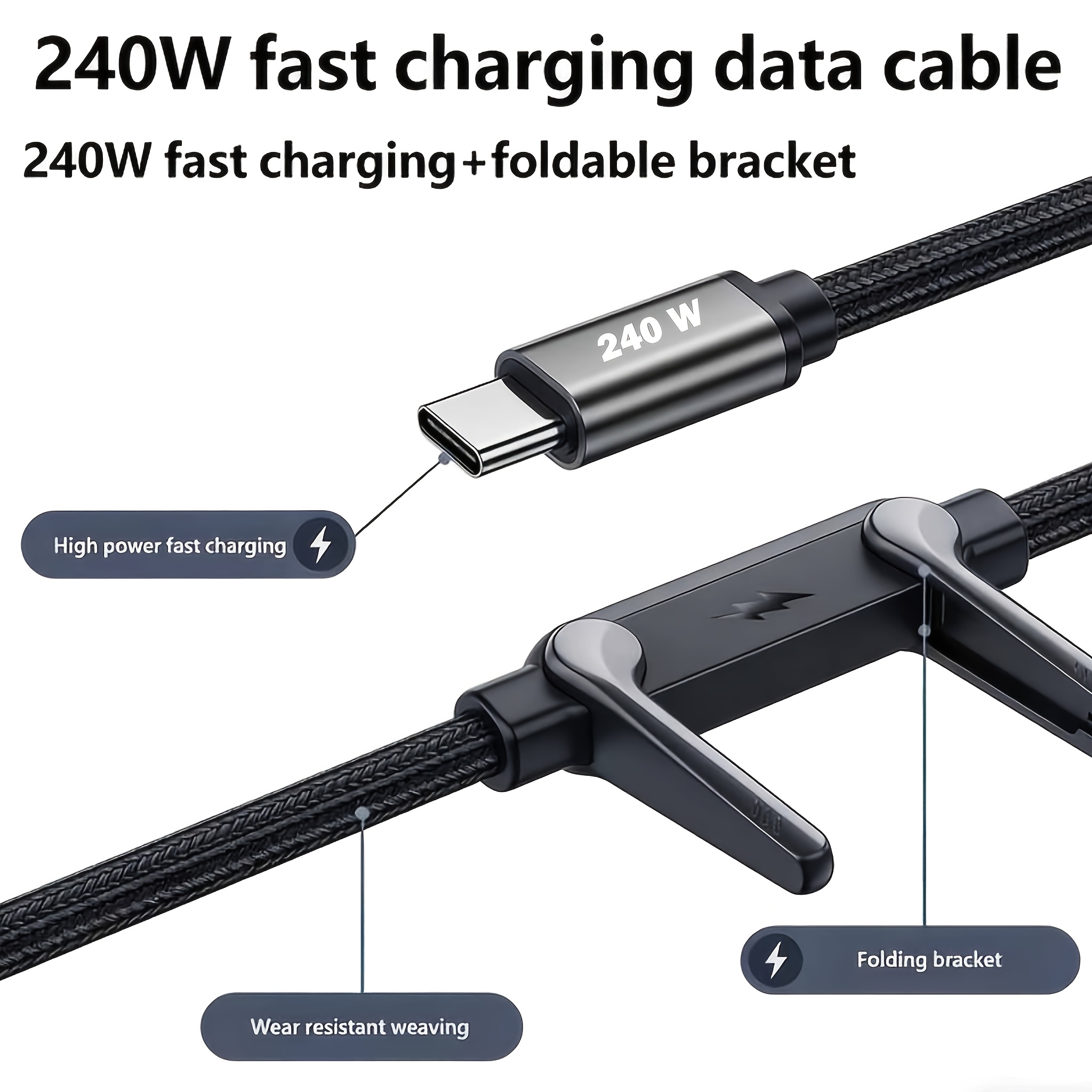 2-In-1 Invisible Charging Cable | 240W Fast Charging, Built-In Foldable Phone Type-C Interface, 5-Foot Long, Suitable For Smartphones/Tablets, Adjusta