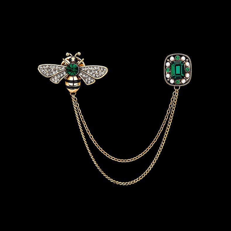 Luxury Brand Designer Jewelry Little Bee Tassel Brooch Vintage Personality Chain Emerald Gemstone Brooch Lapel Pin Suit Jacket Pin Accessory