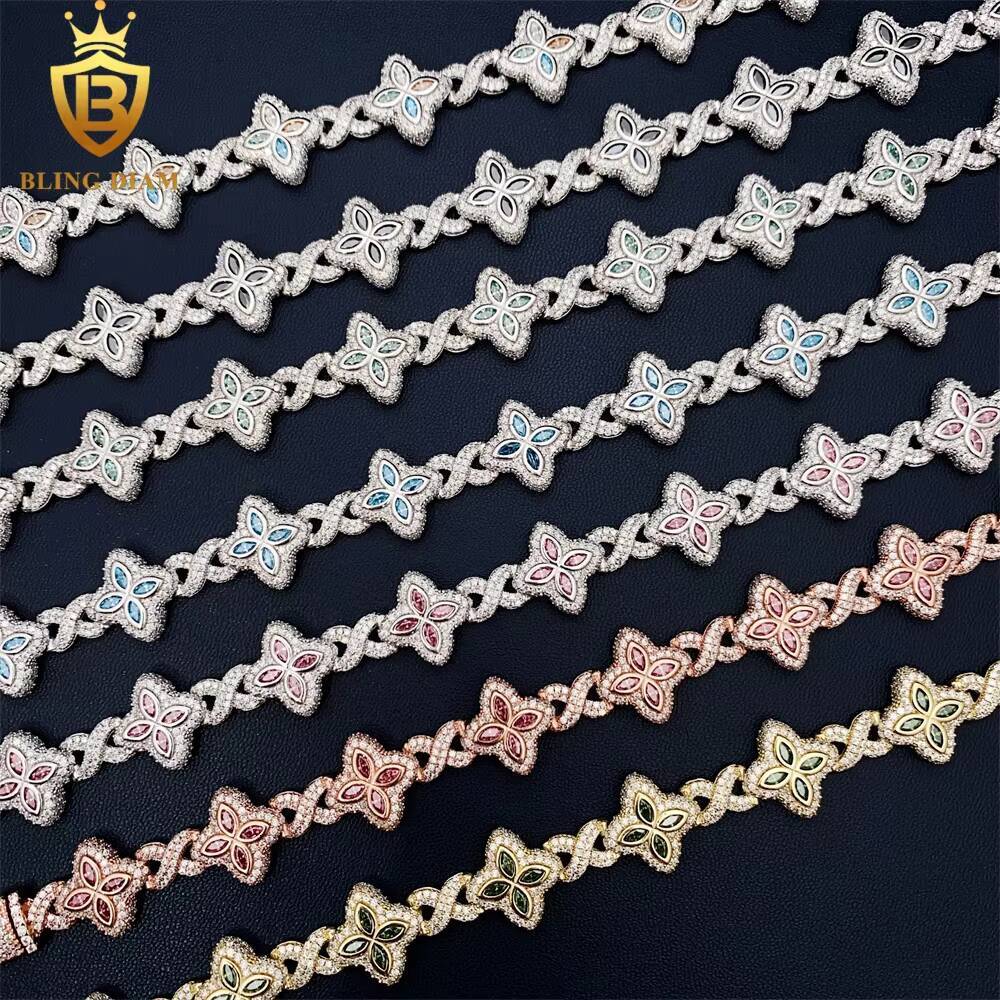 13mm New Marquise Flower Design Colorful 925 Sliver Hip Hop Jewelry Iced Out Cuban Link Moissanite Bracelet