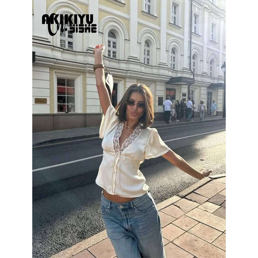 Lace Patchwork Solid Short Sleeve Tops For Women V Neck Sheath Fashion Tees Female Sexy Club T-Shirts Elegant Casual AKIKIYU