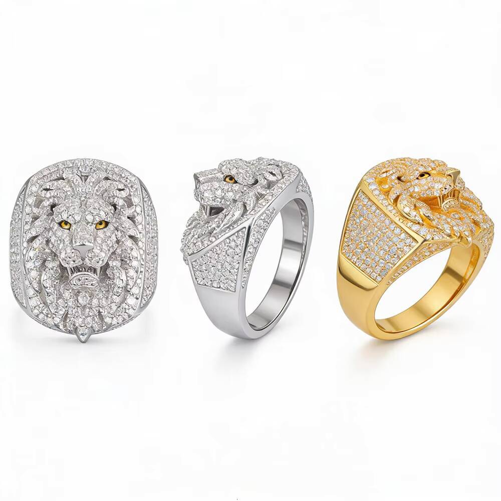 Luxury 3D Lion King Head Ring White Gold 925 Sterling Silver Lab VVS Moissanite Diamond Iced Out Hip Hop Jewelry for Rappers Men