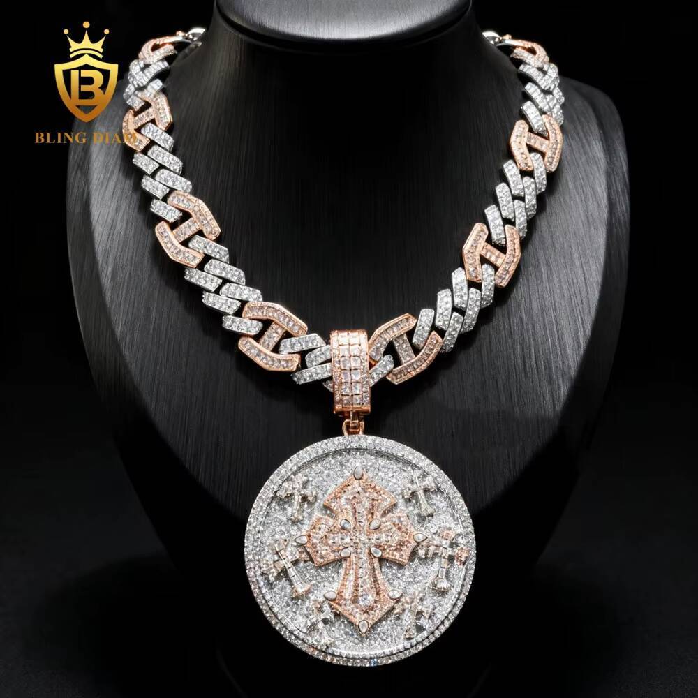 Hip hop fashion cross pendant necklace; rap hip hop style pendant; inlaid VVS moissanite 925 pure silver pendant exquisite jewelry in stock