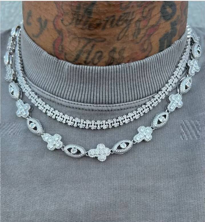 2026 new men's ice crack texture micro-inlay VVS moissanite cross evil eye pendant chain rapper necklace pendant