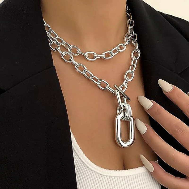 Metal Thick Chains Big Elliptical Pendant Necklace for Women Trendy Charms Ladies Collar On Neck Accessories Fashion Jewelry 260109