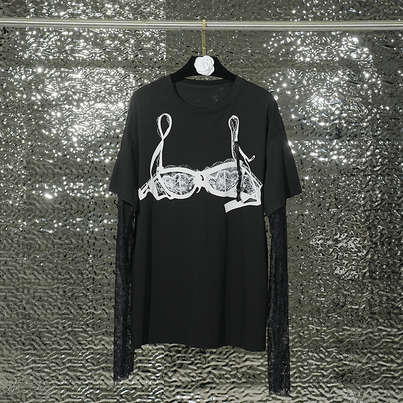 American style niche fashion printed lace long sleeved women's T-shirt winter new trend casual style T-shirt versatile luxury shirt