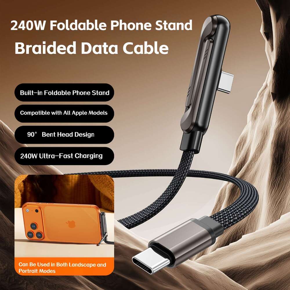 2-In-1 Invisible Charging Cable | 240W Fast Charging, Built-In Foldable Phone Type-C Interface, 5-Foot Long, Suitable For Smartphones/Tablets, Adjusta
