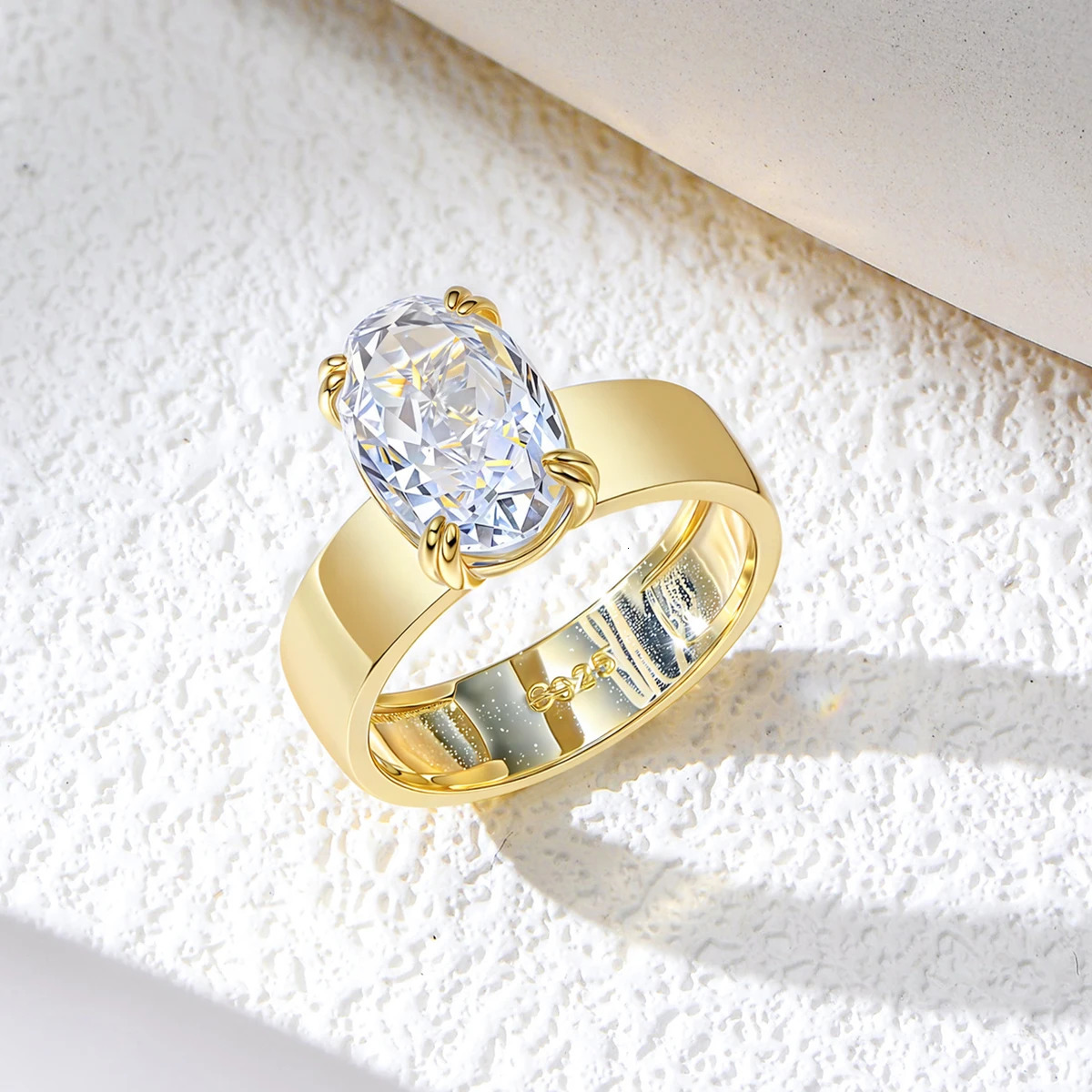 Thick Band 925 Sterling Silver 14k gold plated Oval Solitaire Zirconia Engagement Ring for women jewelry 260107