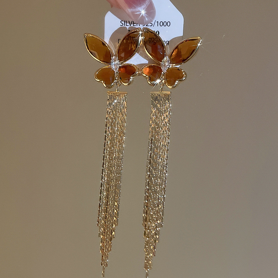 Real Gold Plated Silver Needle Zircon Butterfly Crystal Tassel French Retro Elegant Earrings Light Luxury Niche Ear Jewelry - view 6