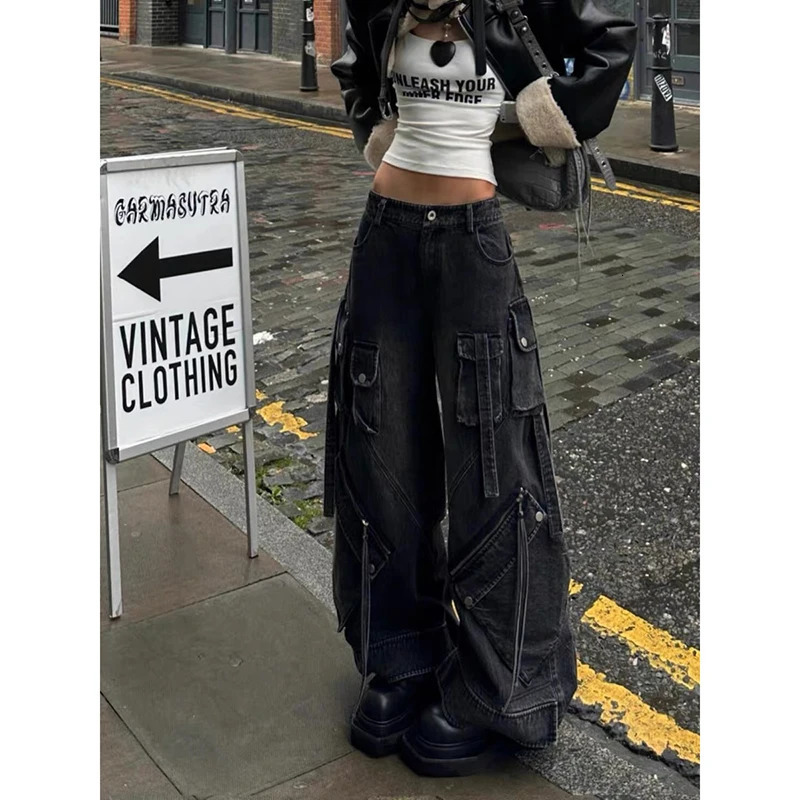 ZHIZOU Women Black Gothic Baggy Cargo Jeans Harajuku Oversize Denim Trousers Y2k 90s Vintage 2000s Emo Jean Pants Trashy Clothes 251226 - view 4