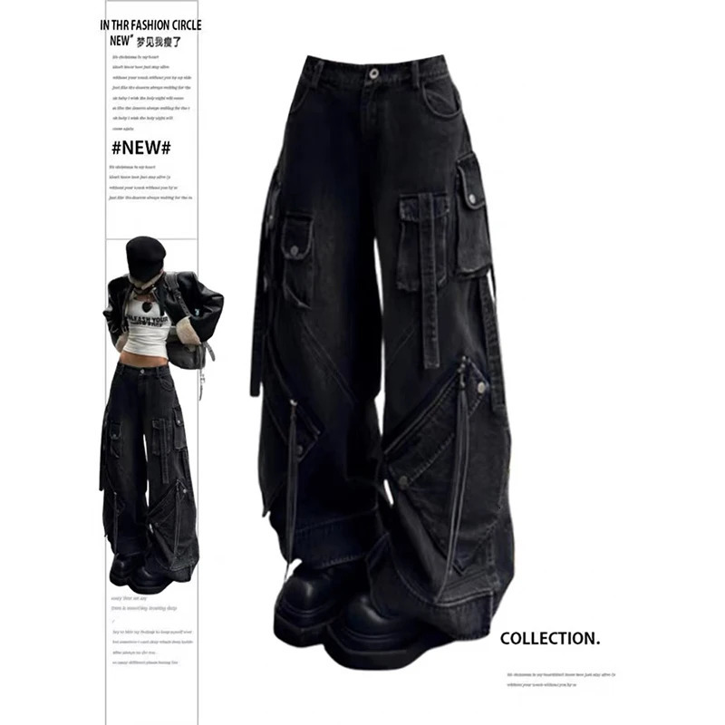 ZHIZOU Women Black Gothic Baggy Cargo Jeans Harajuku Oversize Denim Trousers Y2k 90s Vintage 2000s Emo Jean Pants Trashy Clothes 251226