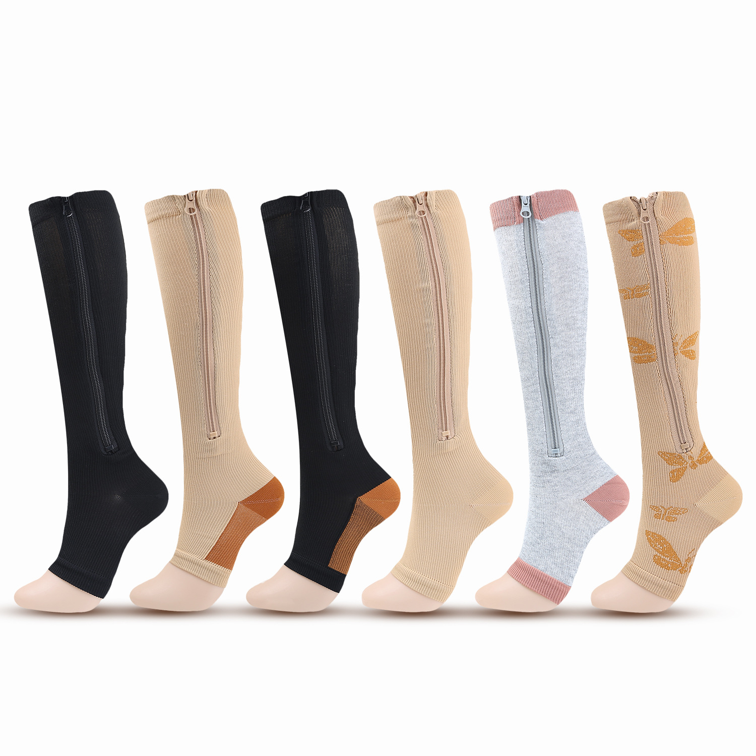Zippered compression socks for men and women. Elastic sports pressure socks. Reduces muscle soreness, breathable, suitable for gym and marathon activities.