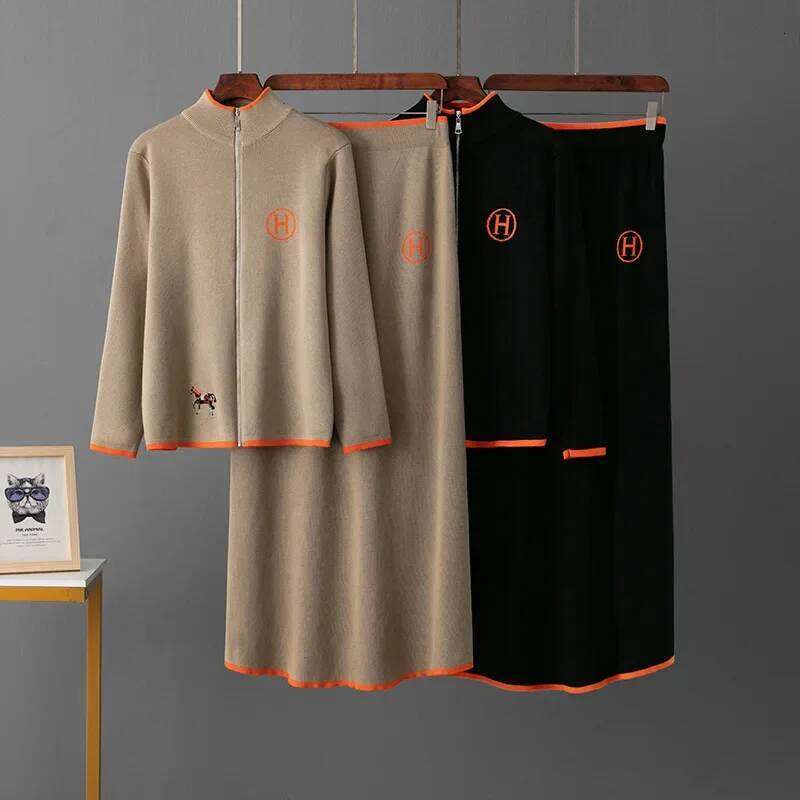 Creative Cross-Border New Product Long Sleeve Knitted Jacket Embroidered Contrast Color + Casual Knitted Short Skirt Two-Piece S