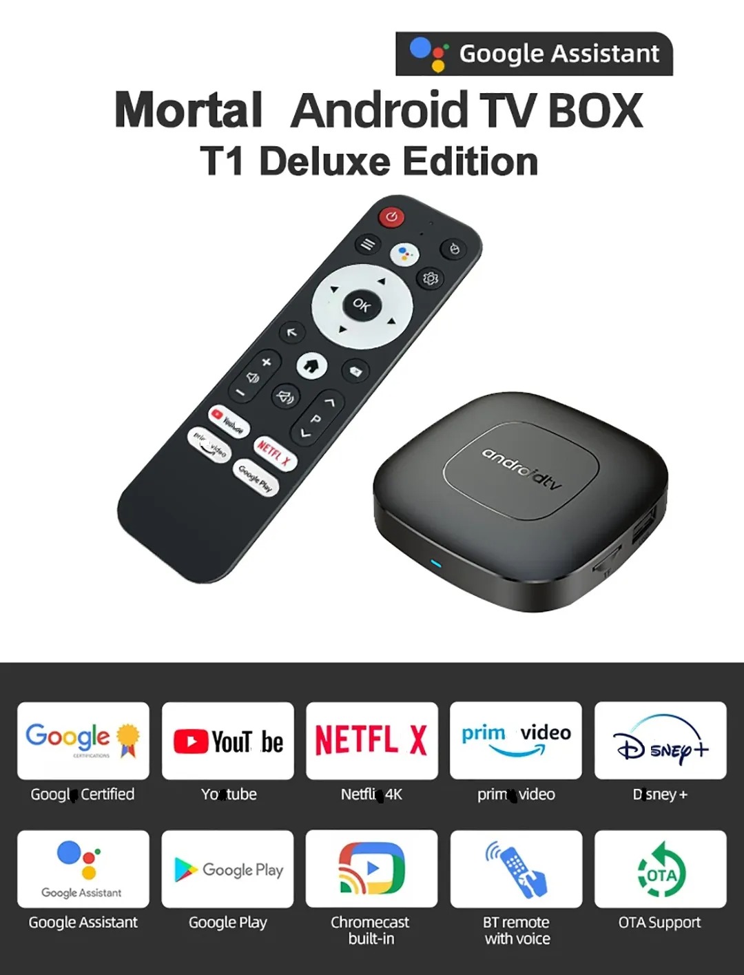 Mortal T1 Android 14 Smart Streaming Media Player TV Box Bluetooth Google Assistant AllwinnerH313 2.4G5G Wifi 4K Global Version