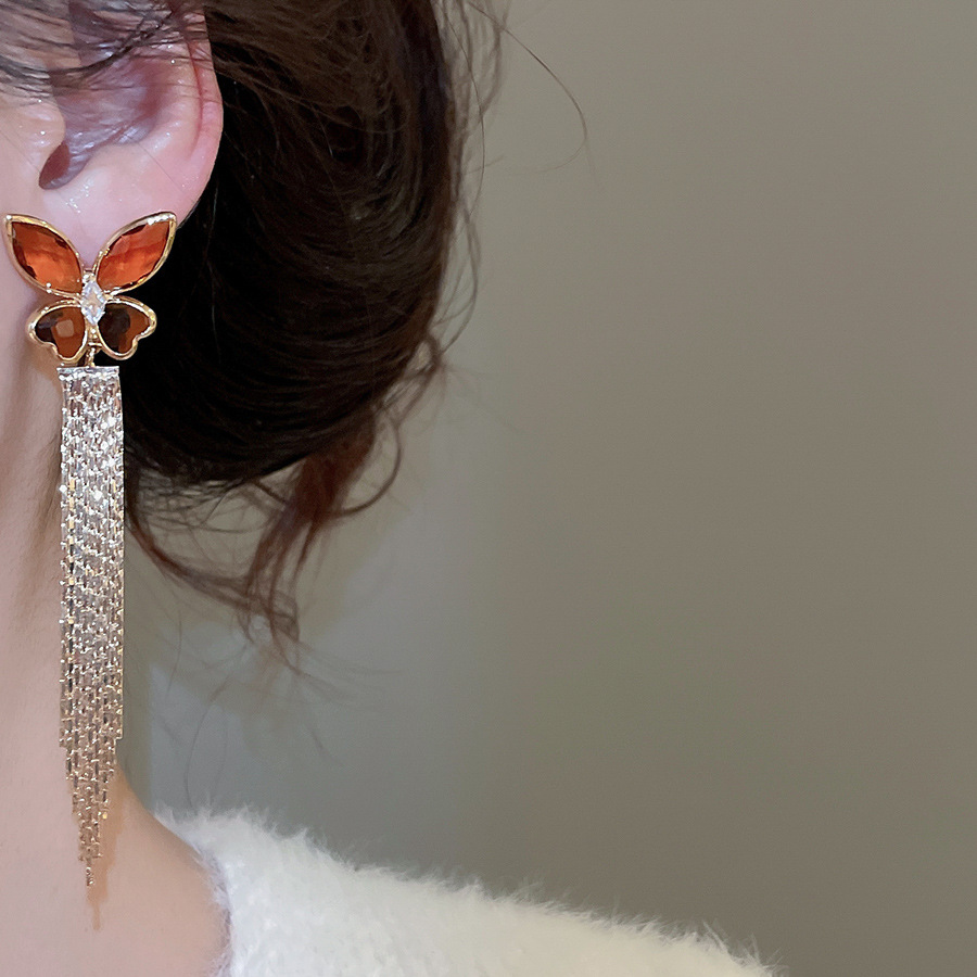 Real Gold Plated Silver Needle Zircon Butterfly Crystal Tassel French Retro Elegant Earrings Light Luxury Niche Ear Jewelry - view 5
