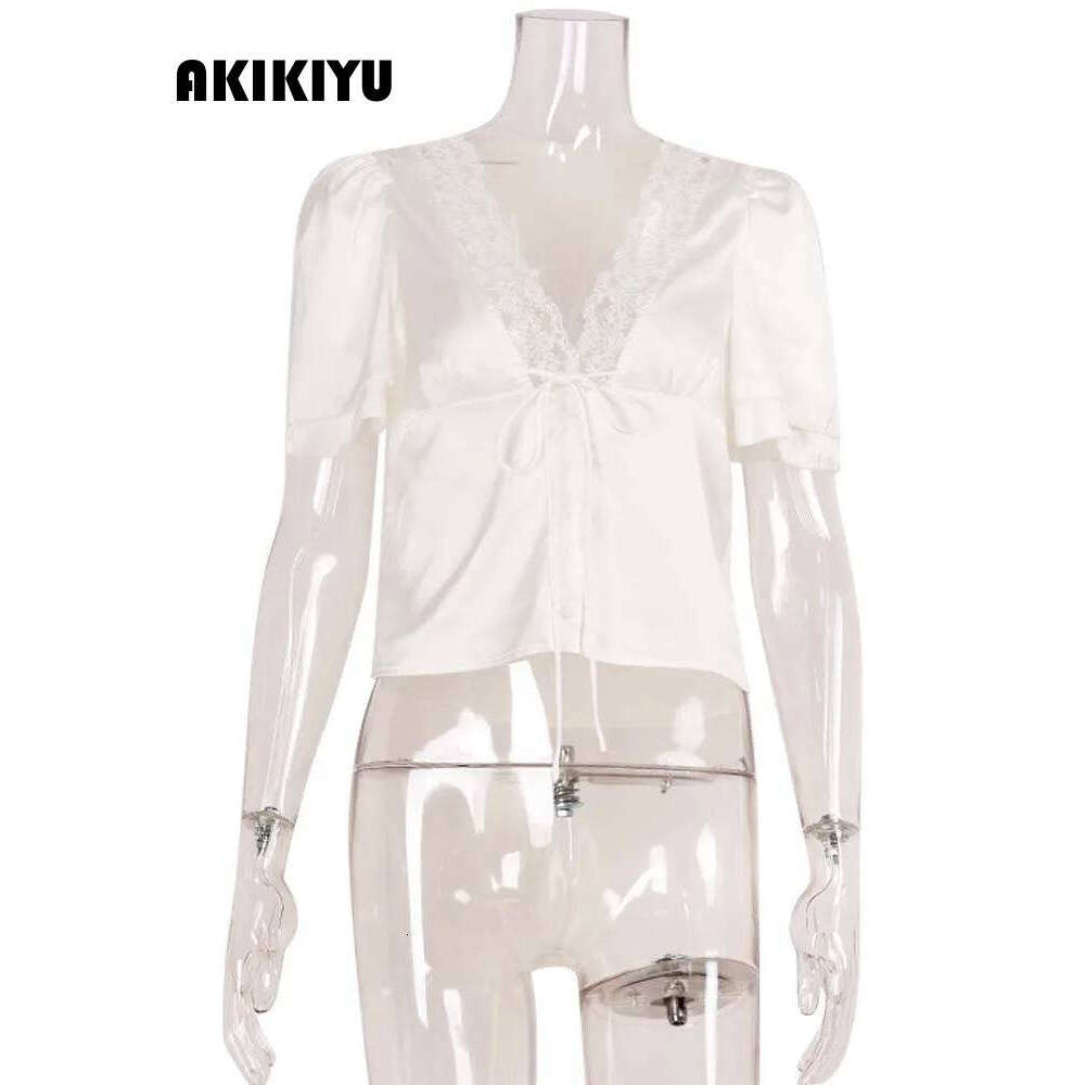 Lace Patchwork Solid Short Sleeve Tops For Women V Neck Sheath Fashion Tees Female Sexy Club T-Shirts Elegant Casual AKIKIYU