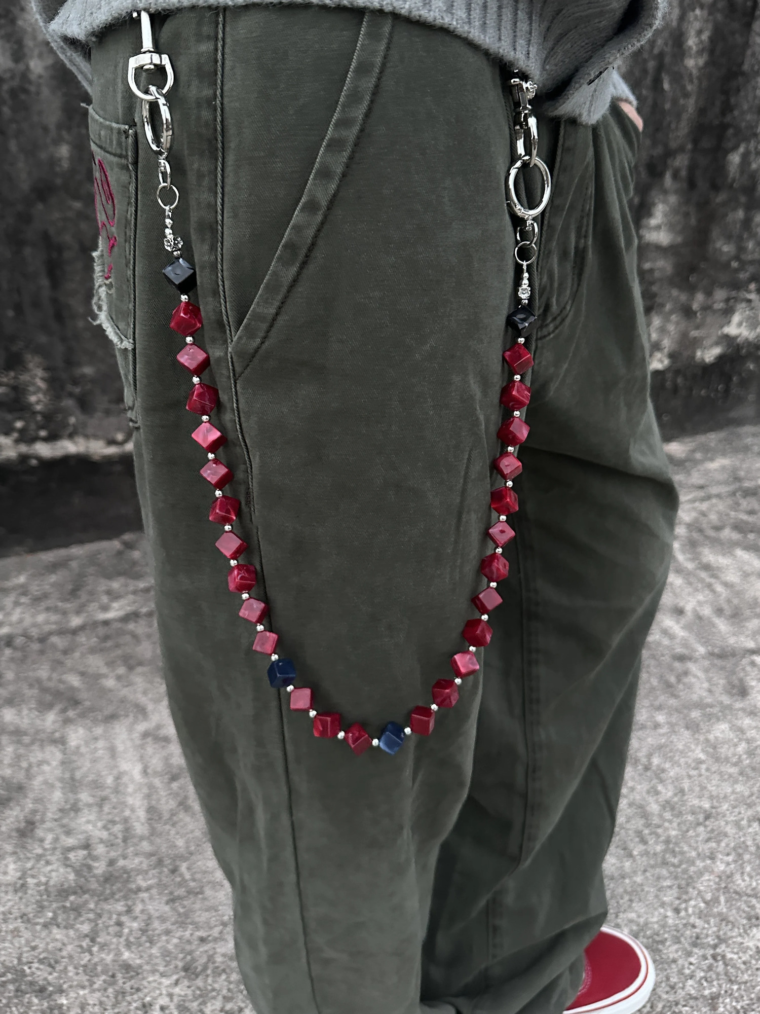 American Style Pants Chain with Ink Wash Gradient Red-Black Acrylic Beads - Retro Belt Chain Jeans Chain Waist Outfit Accessor 260107
