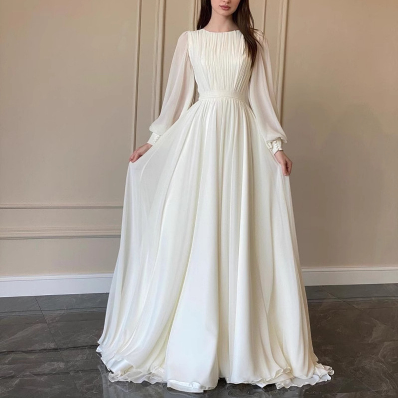 E86 Spring and Autumn New Lantern Sleeve Pearlescent Dress White Wedding Dress Crew Neck Dress Long Sleeve Dress