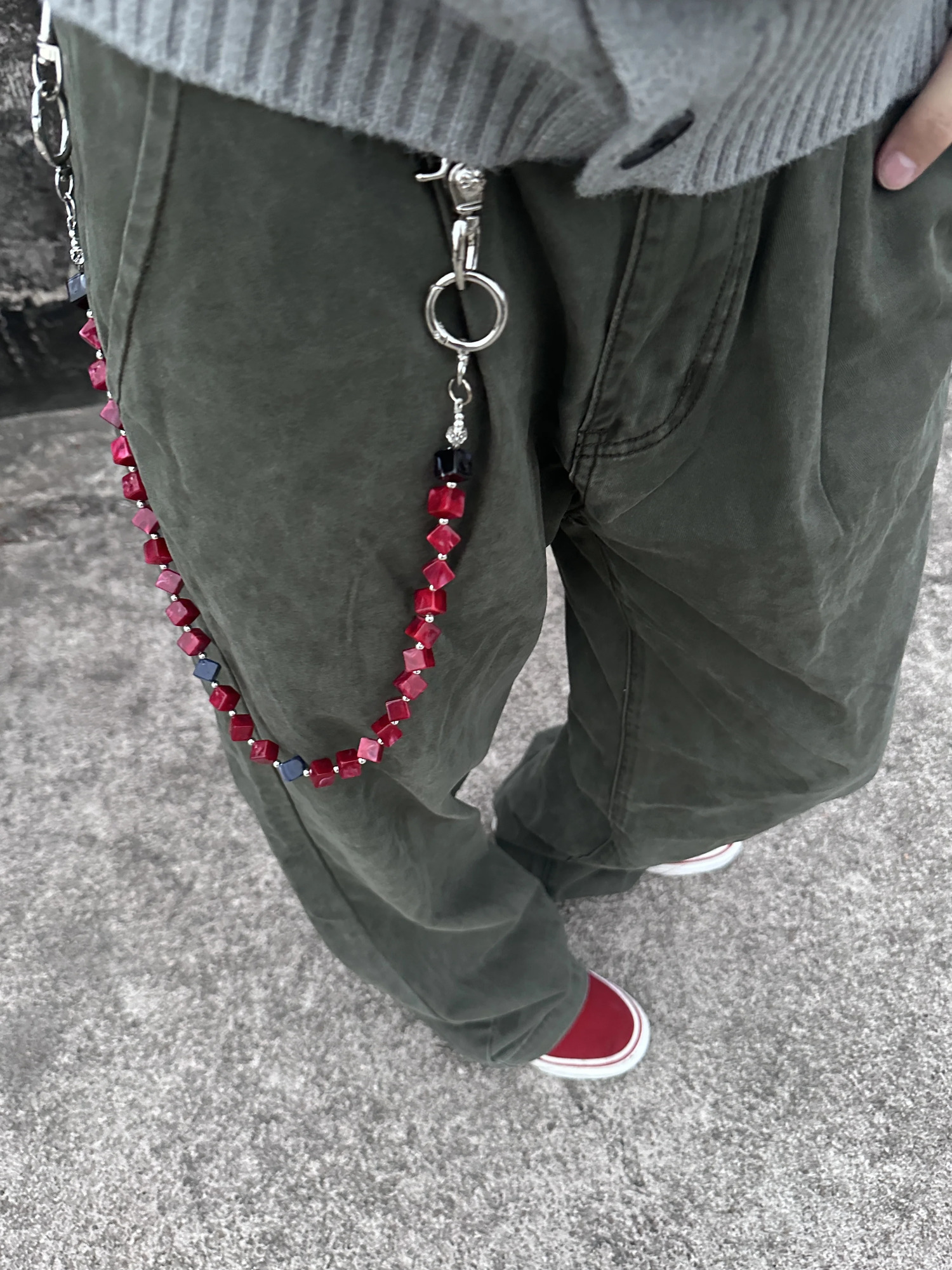 American Style Pants Chain with Ink Wash Gradient Red-Black Acrylic Beads - Retro Belt Chain Jeans Chain Waist Outfit Accessor 260107