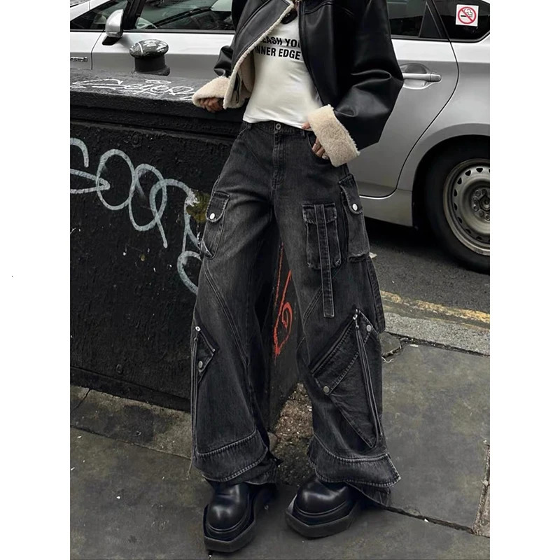 ZHIZOU Women Black Gothic Baggy Cargo Jeans Harajuku Oversize Denim Trousers Y2k 90s Vintage 2000s Emo Jean Pants Trashy Clothes 251226 - view 6