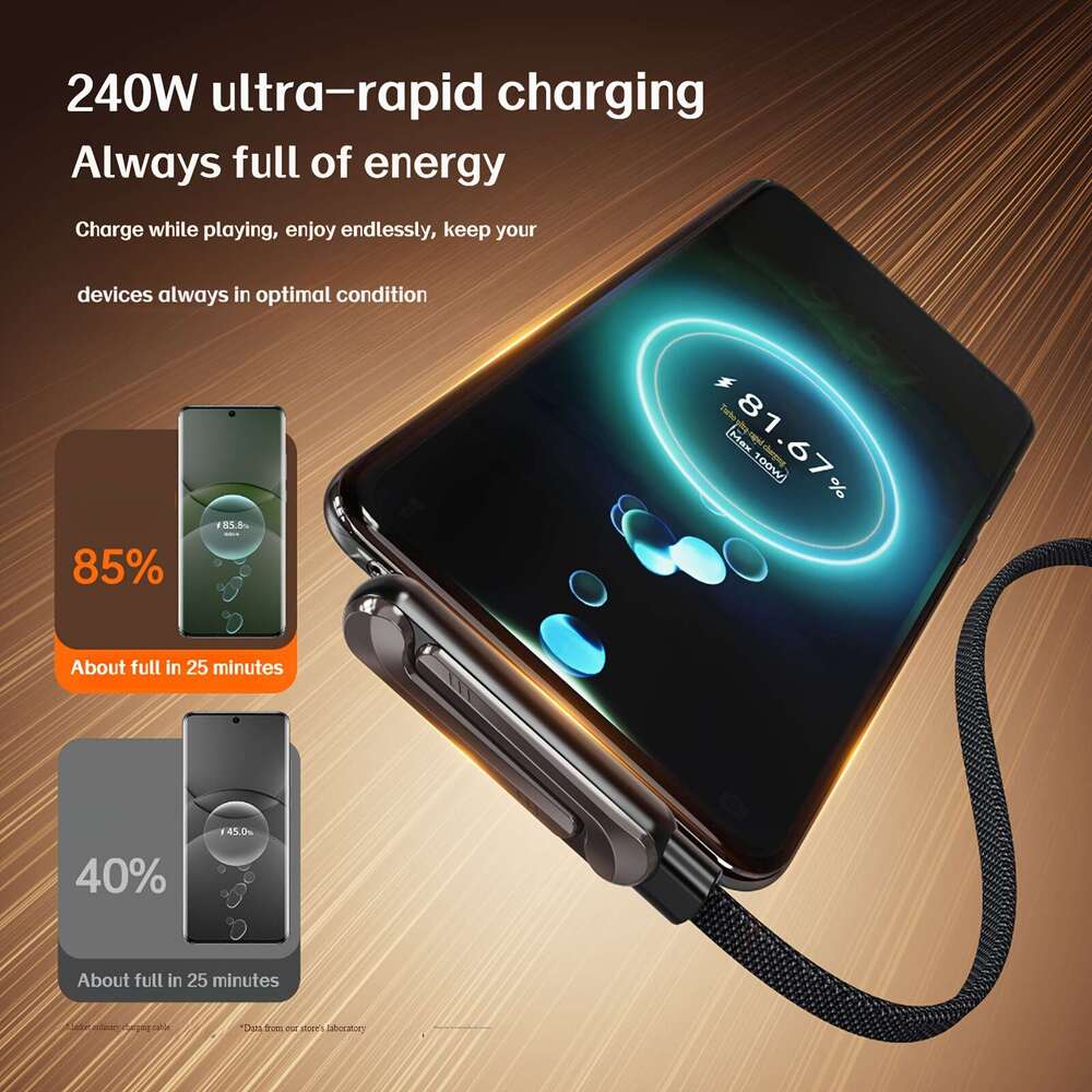 2-In-1 Invisible Charging Cable | 240W Fast Charging, Built-In Foldable Phone Type-C Interface, 5-Foot Long, Suitable For Smartphones/Tablets, Adjusta