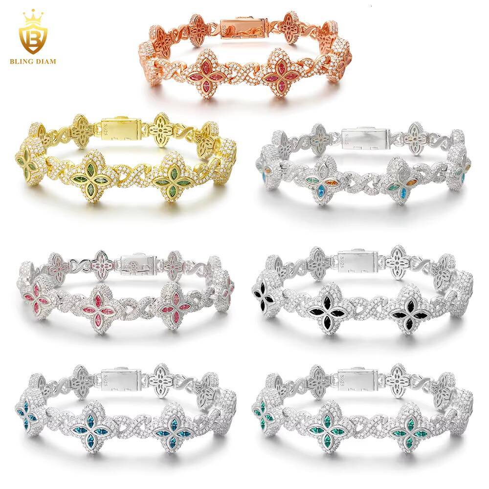 13mm New Marquise Flower Design Colorful 925 Sliver Hip Hop Jewelry Iced Out Cuban Link Moissanite Bracelet