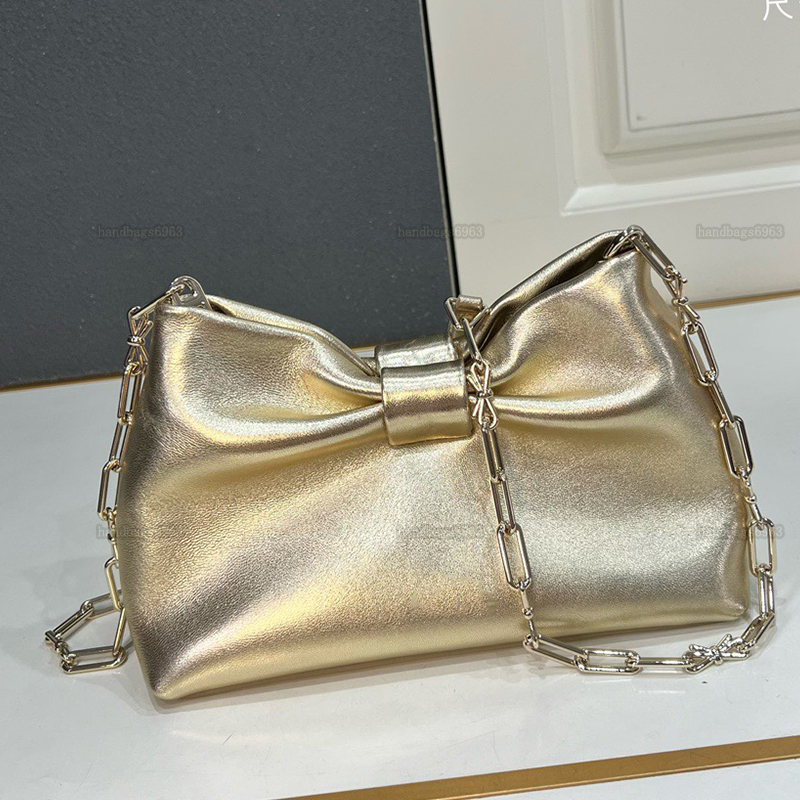 Lambskin Chain Bag 2026 Spring/Summer New Handbag Elegant and atmospheric evening gown bag Bow decoration shoulder bag Fashion Designer Golden Banquet Bag
