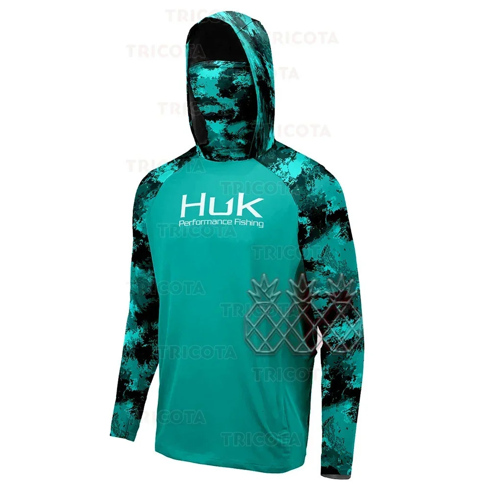 HUK UPF 50 Long Sleeve Hooded Face Cover Fishing Shirts Quick Dry Sweatshirts Breathable UV Protection Men Fishing Jerseys260107