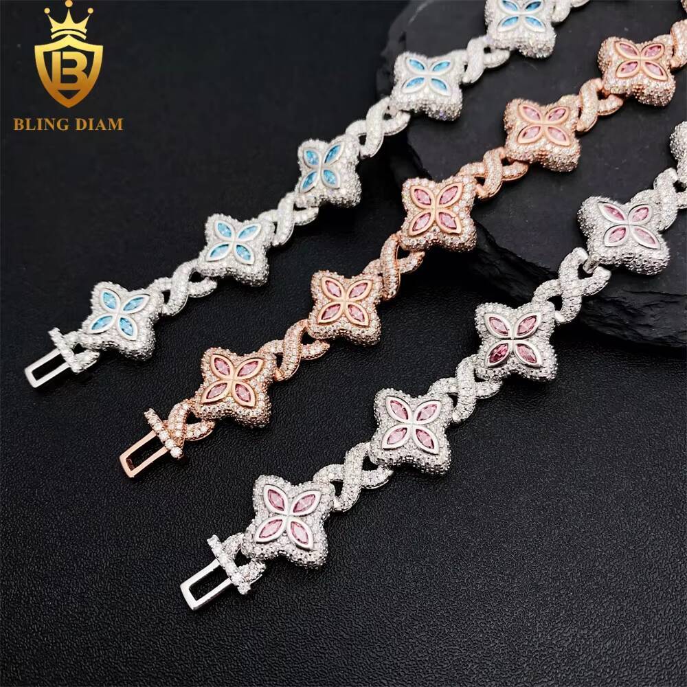 13mm New Marquise Flower Design Colorful 925 Sliver Hip Hop Jewelry Iced Out Cuban Link Moissanite Bracelet