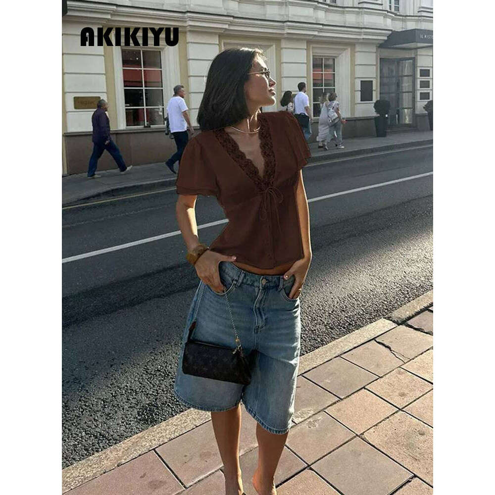 Lace Patchwork Solid Short Sleeve Tops For Women V Neck Sheath Fashion Tees Female Sexy Club T-Shirts Elegant Casual AKIKIYU