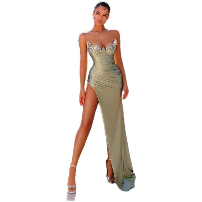 Sage Green Mermaid Bridesmaid Dresses Long Sexy Side Slit Sparkly Diamonds Beaded Formal Party Gowns Sweep Train Slim Fit wedding Guest Maid Of Honor 