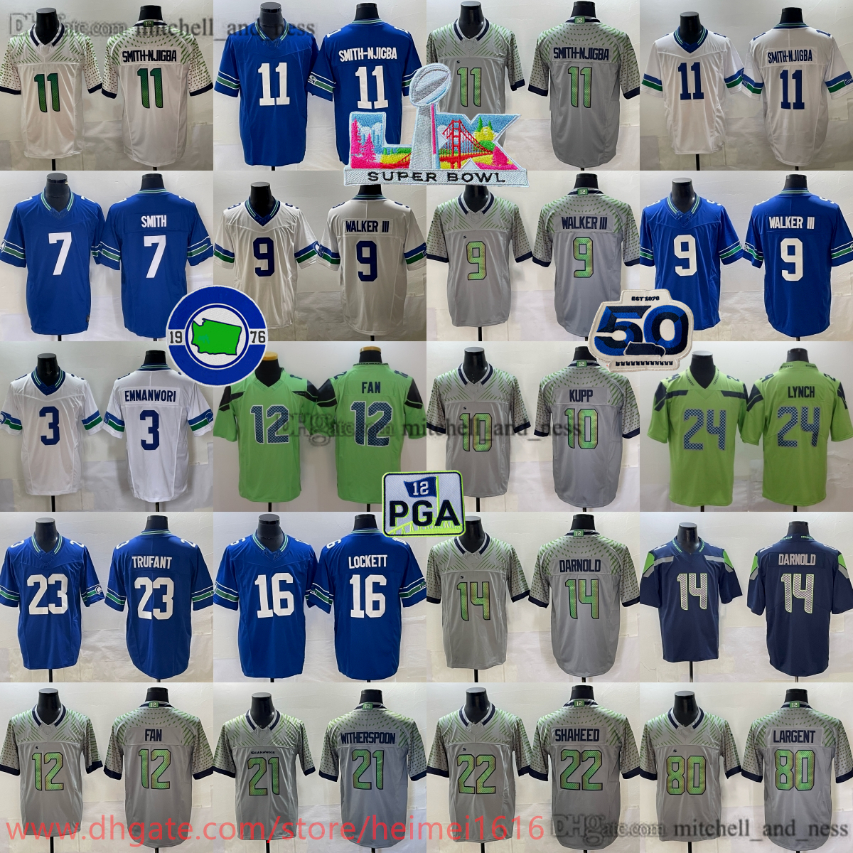 2026 New SuperBowl Football 11 Jaxon Smith-Njigba Jersey 9 Kenneth Walker III 21 Devon Witherspoon 80 Steve Largent Cooper Kupp Sam Darnold Marcus Trufant Emmanwori