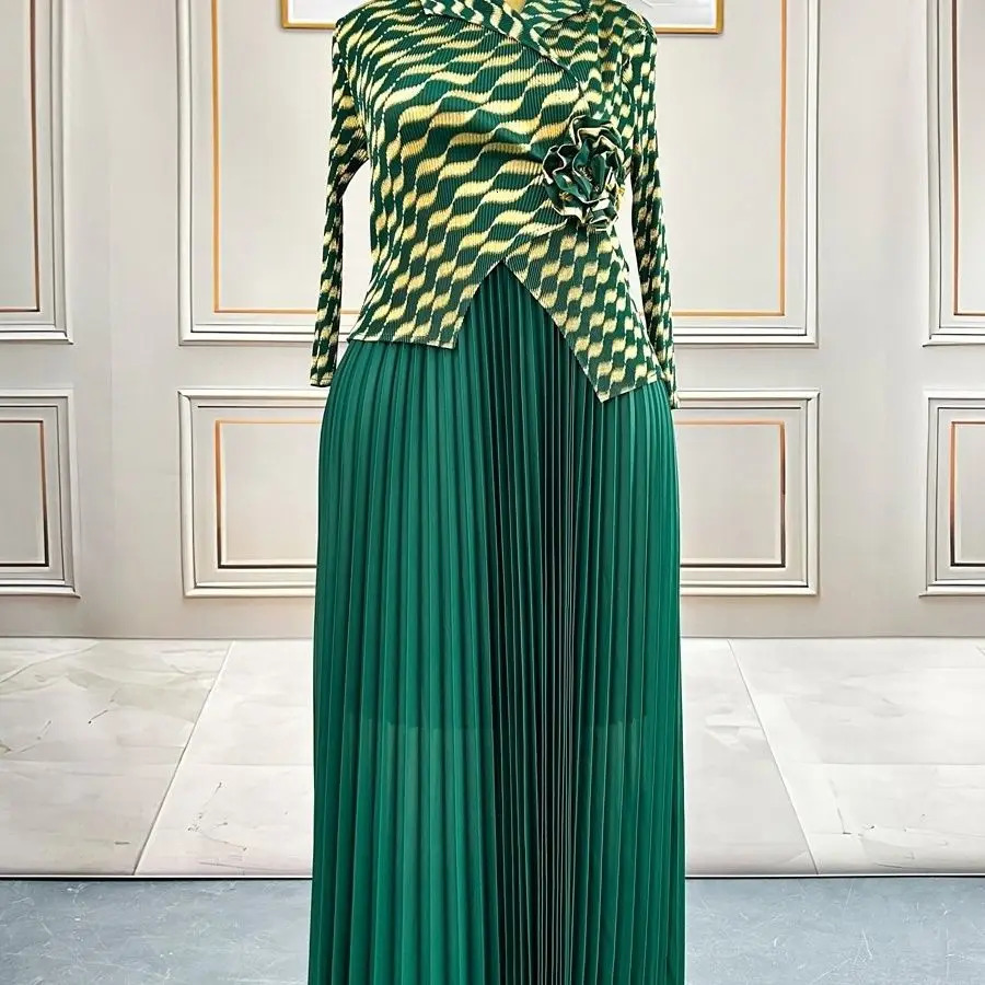 Miyake PlusSizeD ressP leatedS kirtw ithL ongS leevesF auxT woPieceSu itablefo rDa ilyWe arHo meCo mmutingEl 260104