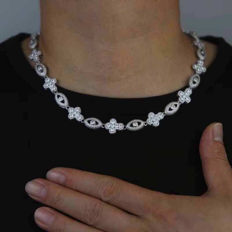 2026 new men's ice crack texture micro-inlay VVS moissanite cross evil eye pendant chain rapper necklace pendant