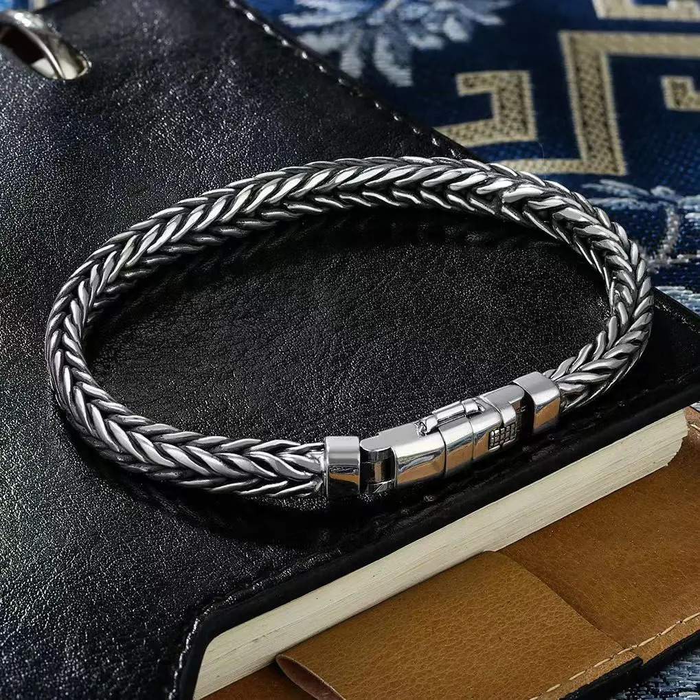 100 S925 Sterling Silver Handmade Woven Retro Domineering Style Personality Keel Man Woman Pure S925 Silver Bracelet Jewelry 260107