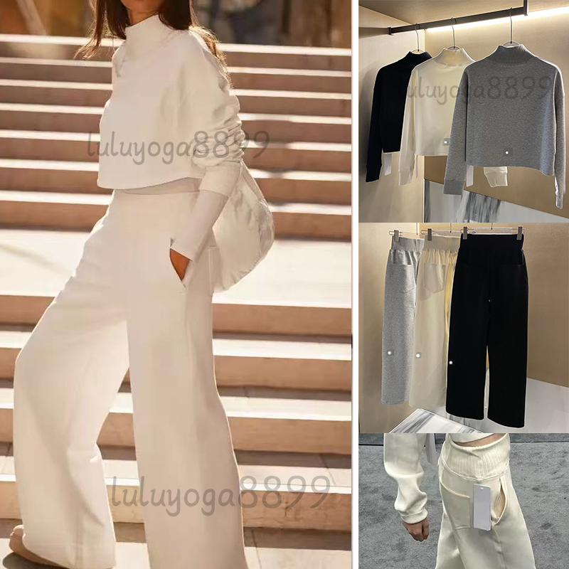 women sweat set yoga hoodies Fleece-lined Mock Neck Loose Cropped Sweatshirt Wide Leg Sweatpants knitted neckline Shaping Waist tracksuits pants Autumn Winter set