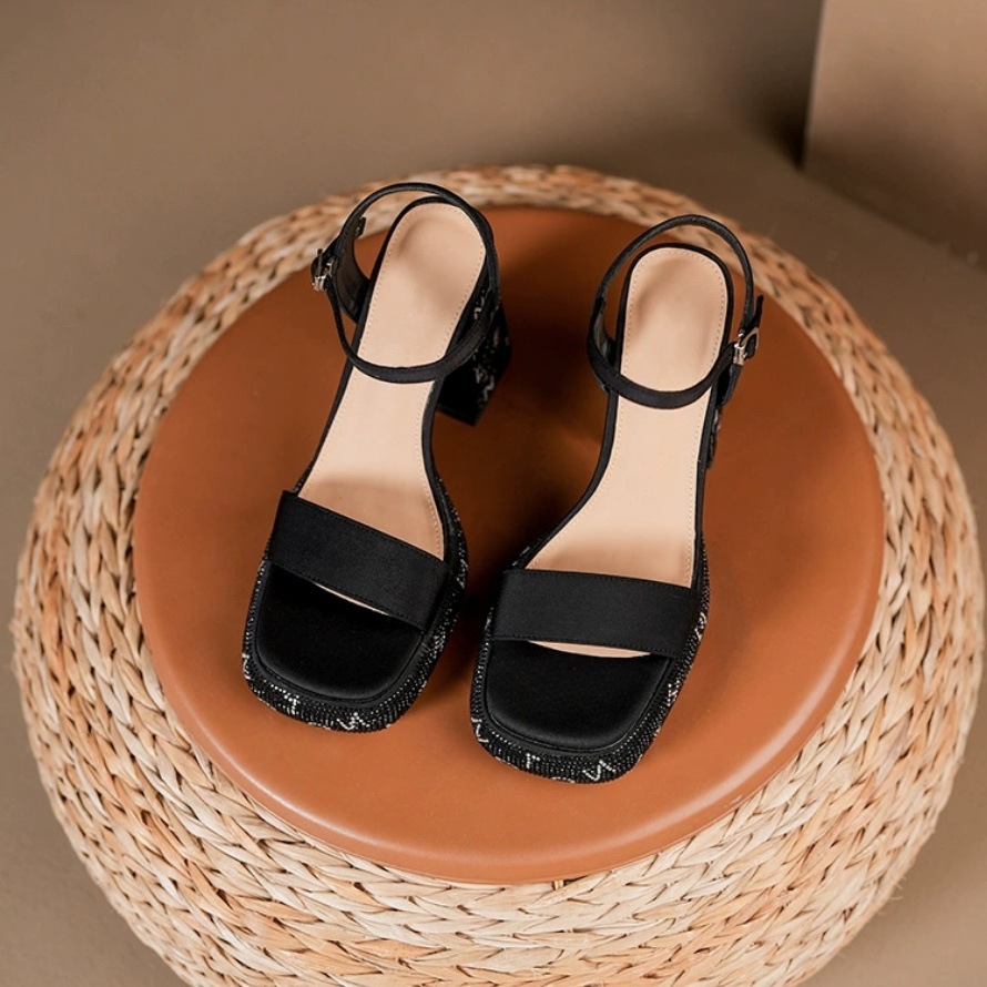 Free delivery high heels Open toed rhinestone high heels summer waterproof platform square toe thick heel pressed diamond shoes