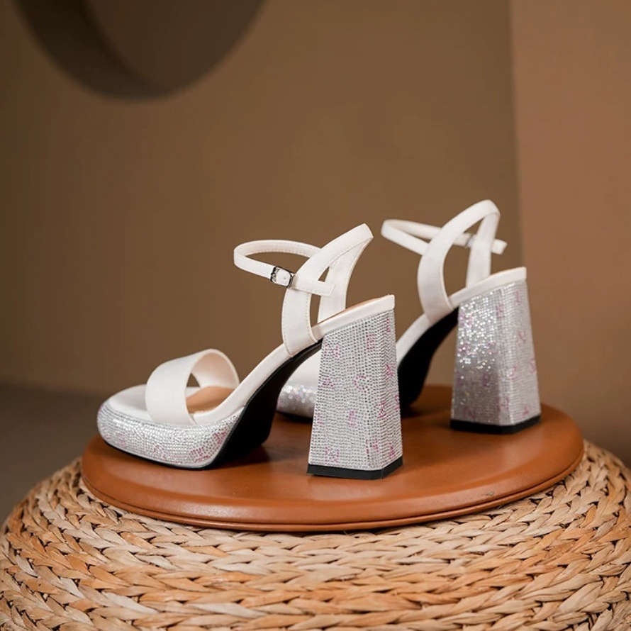 Free delivery high heels Open toed rhinestone high heels summer waterproof platform square toe thick heel pressed diamond shoes