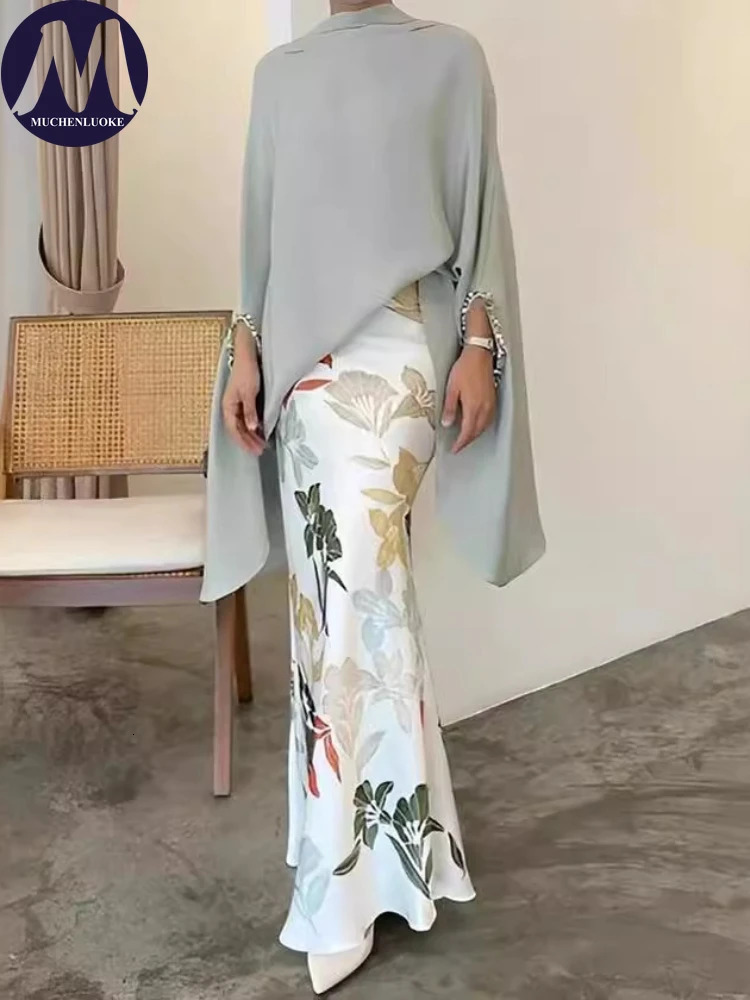 2 Pieces Set for Woman Summer Autumn Half High Collar Flare Sleeve Asymmetric Tops Suits Fashionable Slim Fit Print Dress Sets 251231