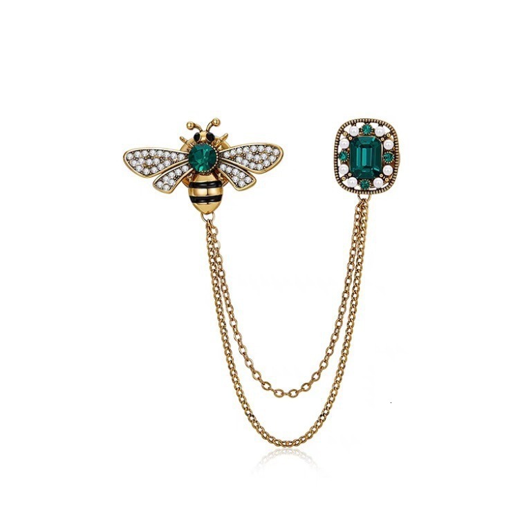 Luxury Brand Designer Jewelry Little Bee Tassel Brooch Vintage Personality Chain Emerald Gemstone Brooch Lapel Pin Suit Jacket Pin Accessory