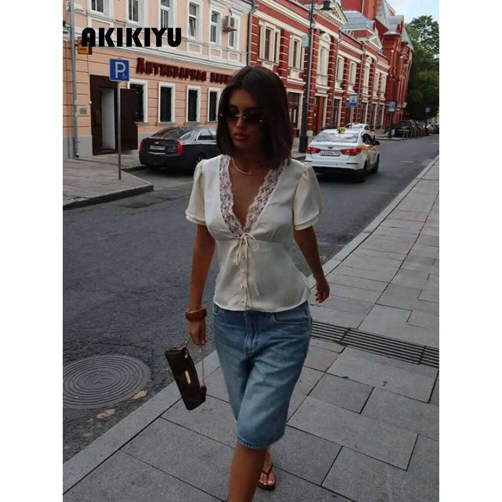 Lace Patchwork Solid Short Sleeve Tops For Women V Neck Sheath Fashion Tees Female Sexy Club T-Shirts Elegant Casual AKIKIYU