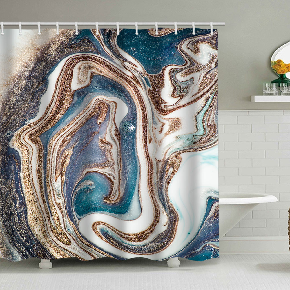 YL-38138 Marble Pattern Shower Curtain, Abstract Geometric Texture, Polyester Waterproof Shower Curtain Set with Hooks