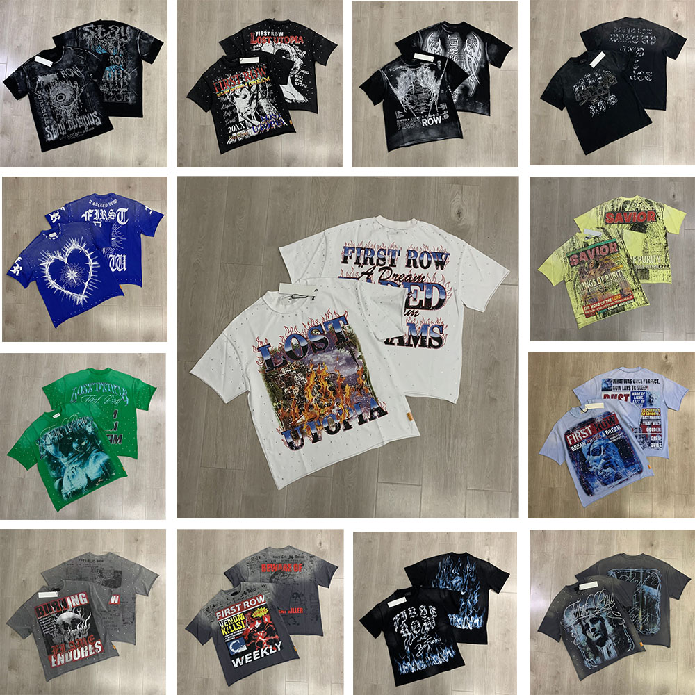 First Row Inspired Designer Shirts Y2K Hip Hop Streetwear Summer Round Neck Rhinestone Thick Loose Fit Tees