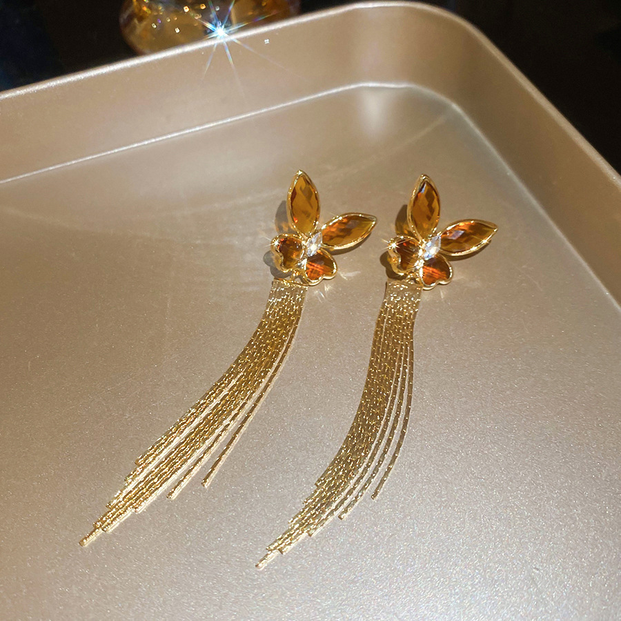 Real Gold Plated Silver Needle Zircon Butterfly Crystal Tassel French Retro Elegant Earrings Light Luxury Niche Ear Jewelry - view 7