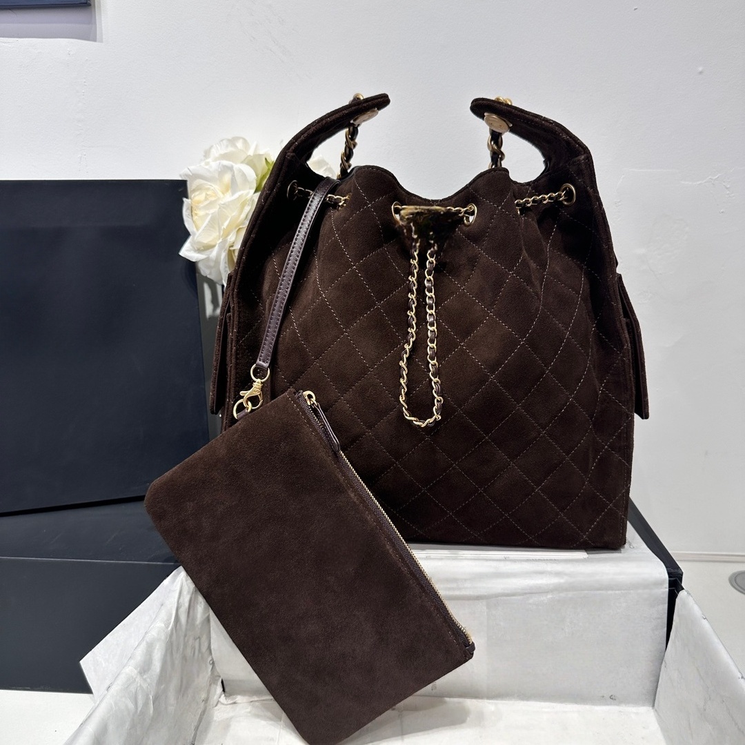 10A top designer suede shoulder bag with chain, vintage coin buckle drawstring bucket bag, suitable for women, fashionable crossbody and handbag, comes with box