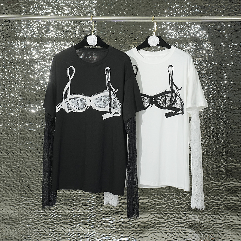 American style niche fashion printed lace long sleeved women's T-shirt winter new trend casual style T-shirt versatile luxury shirt