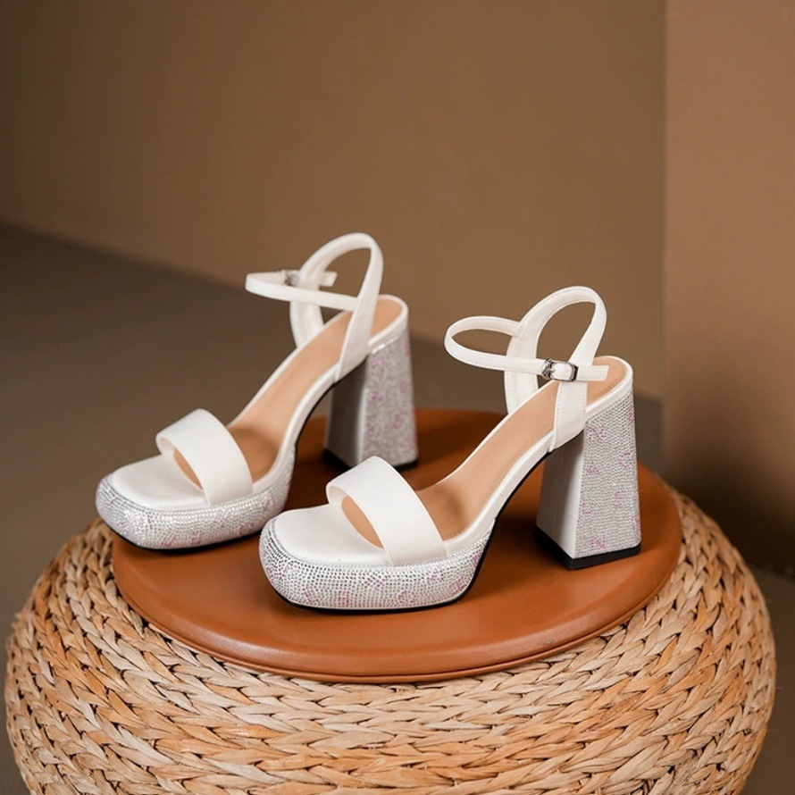 Free delivery high heels Open toed rhinestone high heels summer waterproof platform square toe thick heel pressed diamond shoes